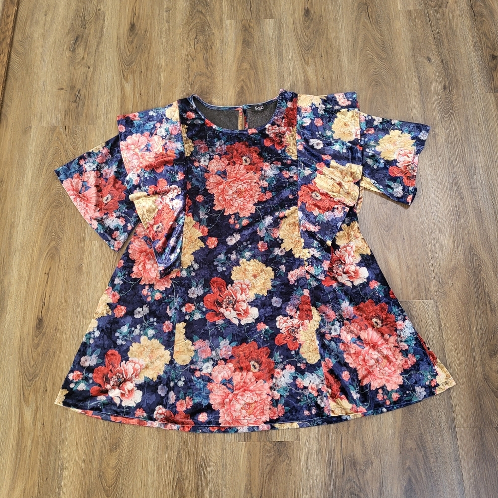 Gigio USA Women’s Floral Boho Dress Pink Size 2X 2XL Velvet Velour Ruffle Garden